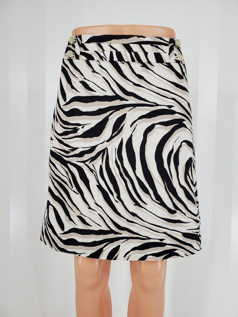 LOFT Zebra Print A-Line Skirt Black Cream Beige Knee Length Y2K Safari Sz 10